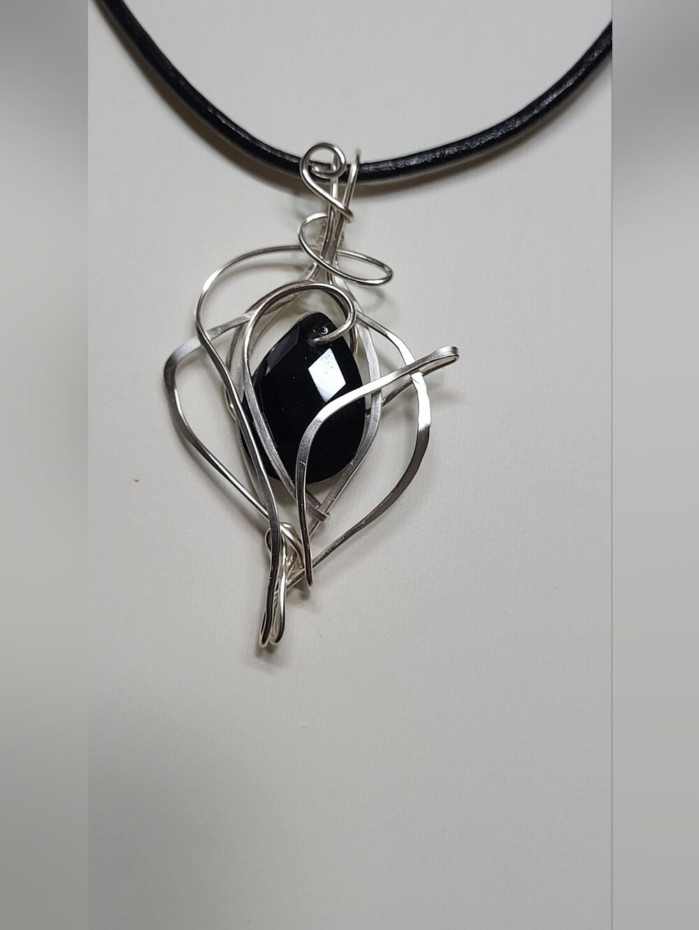 Black Onyx Wire-Wrapped Pendant Necklace with Silver Plated Copper Wire